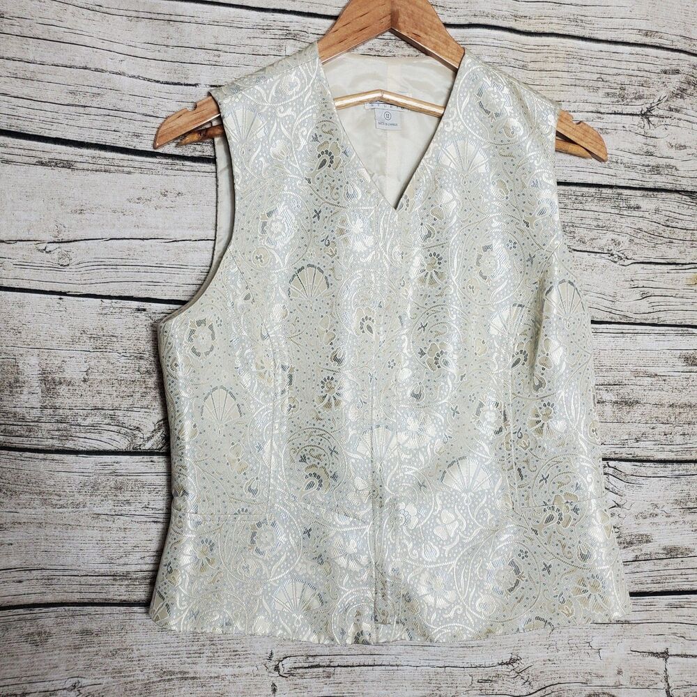 Cream Metallic Brocade V-Neck Vest